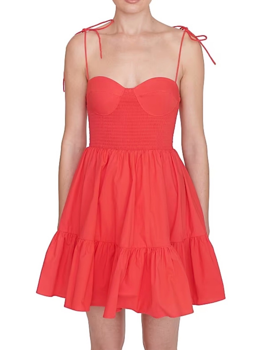 STAUD Coral Tie-Shoulder Smocked Mini Dress